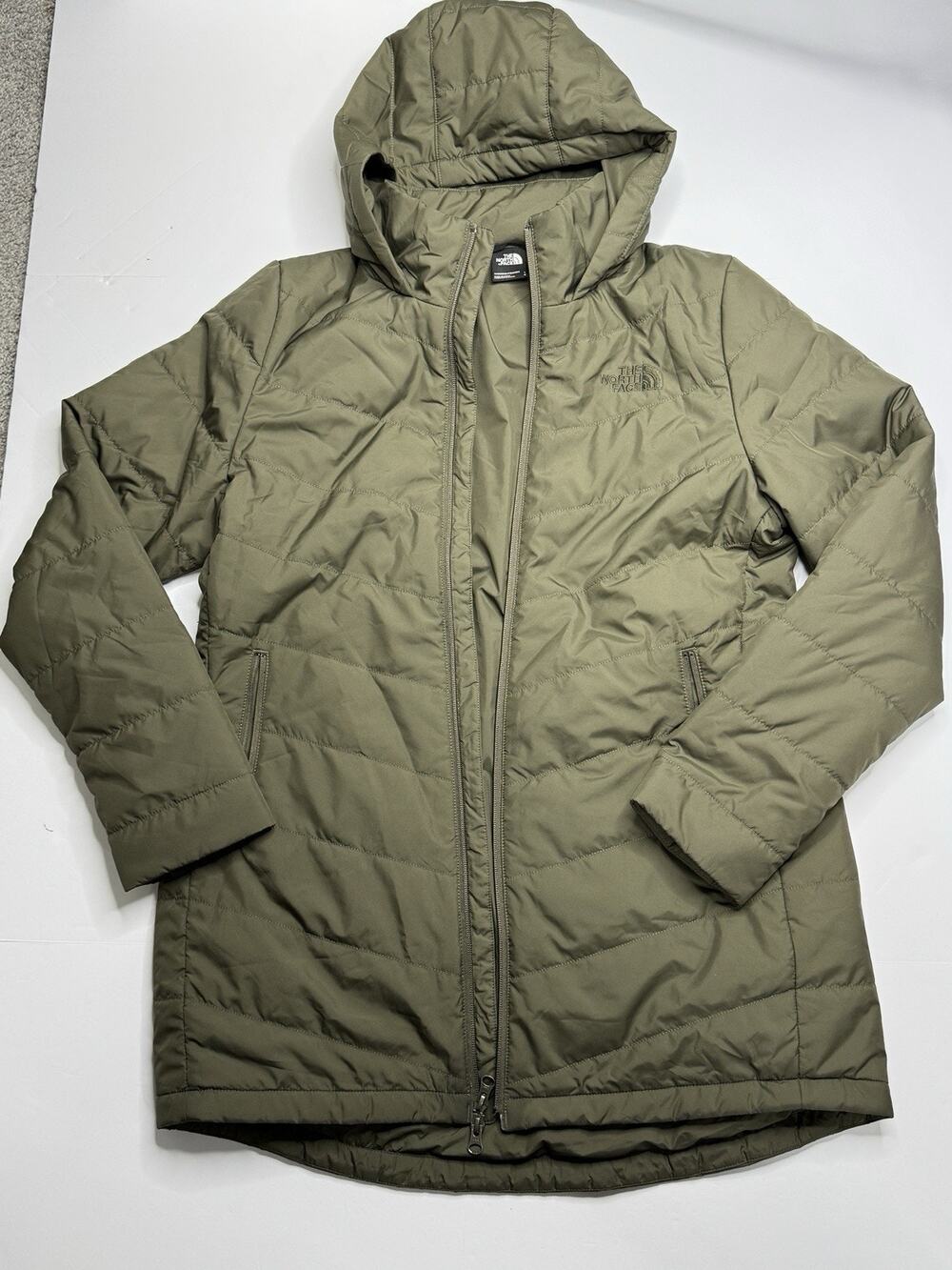 The North Face Womens L Olive Green Hooded Insulated Jacket Zip Flaw